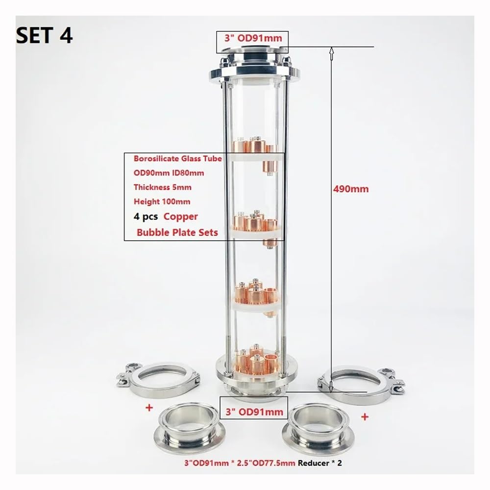 Colonne De Distillation, Colonne De Distillation OD91 De 3"(76 Mm) Avec 4 Plaques À Bulles En Cuivre For La Distillation, Colonne De Rectification En Verre De Haute Qualité À 4 Couches 1SET(SET 4)