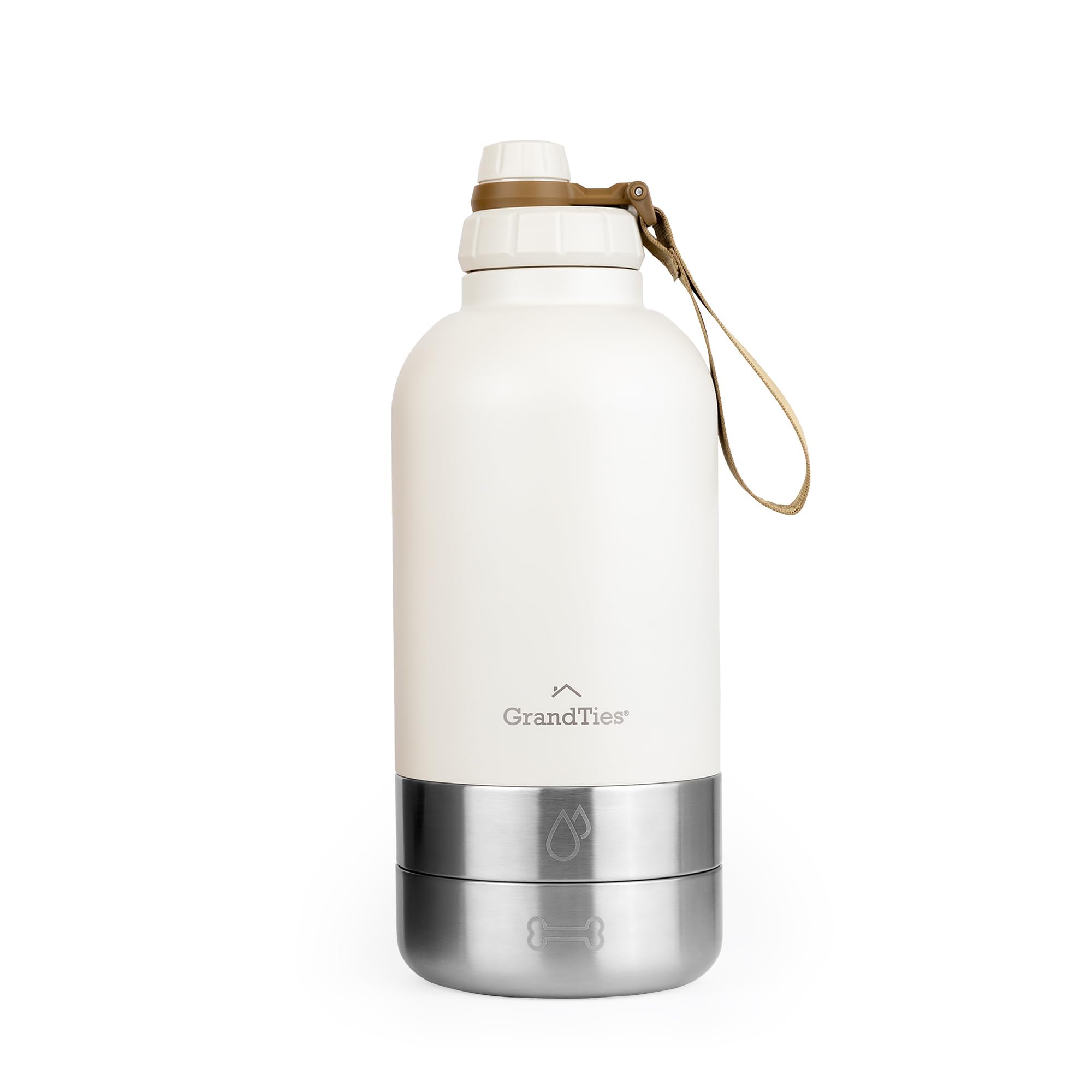 GrandTies Bouteille d'eau Portable Isotherme avec 2 distributeurs Amovibles pour Chien | Conteneur de Voyage Alimentaire étanche | Marche, randonnée, Camping (1,9 l, Blanc Ivoire)