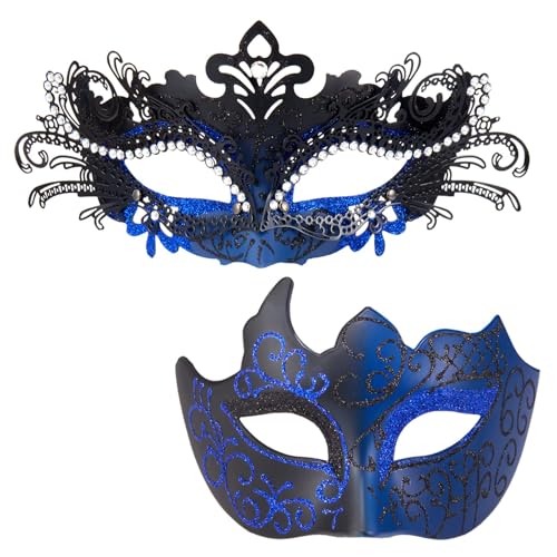 MYSEUNI Masques de bal masqué pour couples – Masque vénitien en filigrane en métal brillant pour homme pour Mardi Gras, bleu roi, taille M