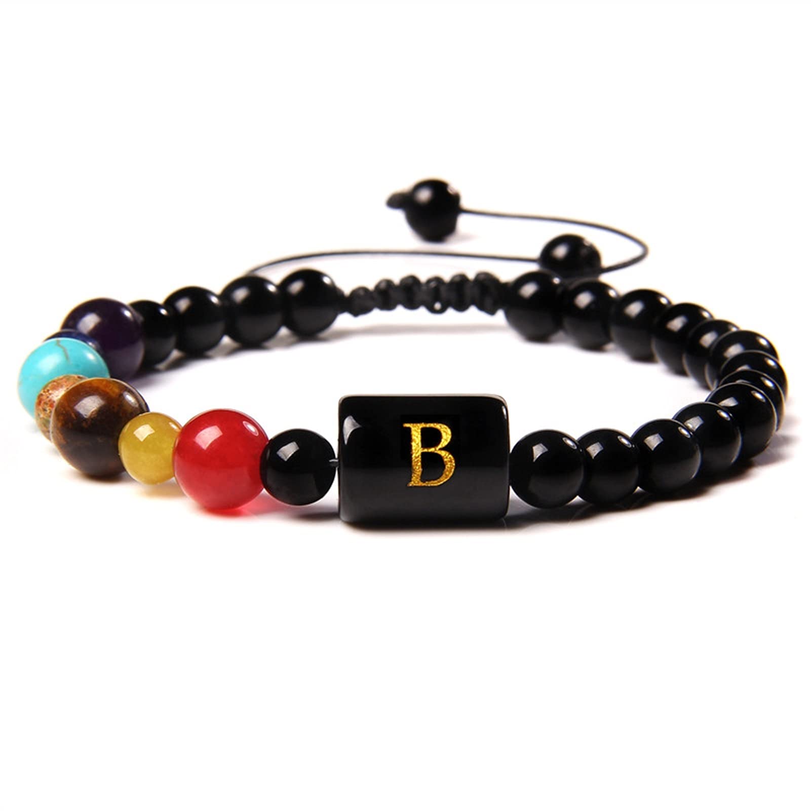 WXKAGF Naturstein-Armband, natürlich, 7 Chakra, Fengshui, schwarzer Onyx, roter Agat, Tigerauge, Stein, Perlenarmband, Herren, schwarzes Seil, 26 Buchstaben, Charm-Armreif, Damenschmuck,