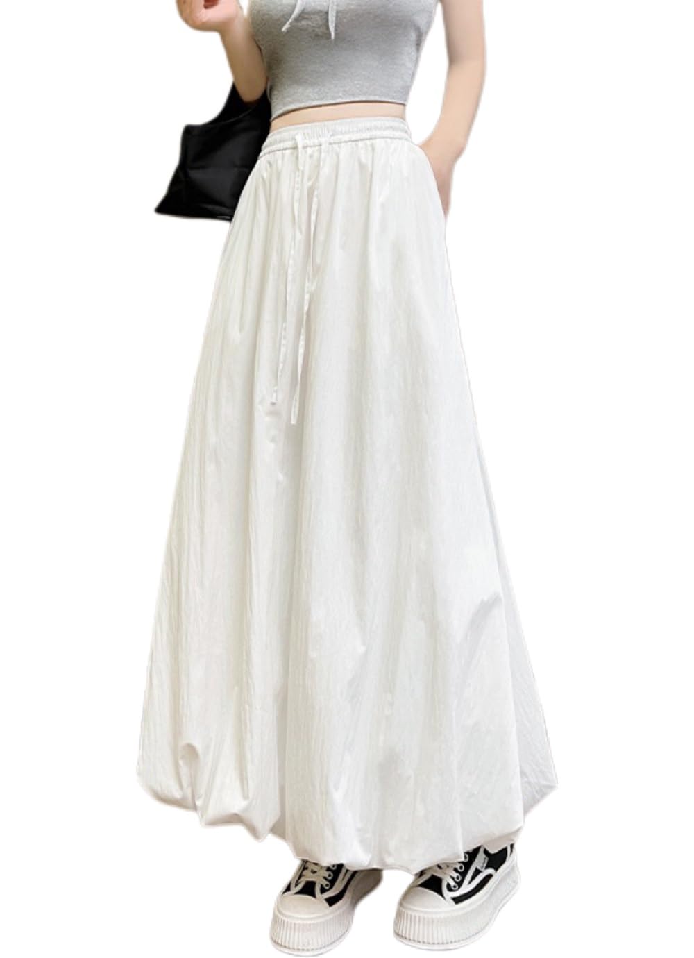 GenericWomen Bubble Skirt High Waisted A-Line Long Skirt Ruffle Pleated Summer Casual Puff Midi Dress