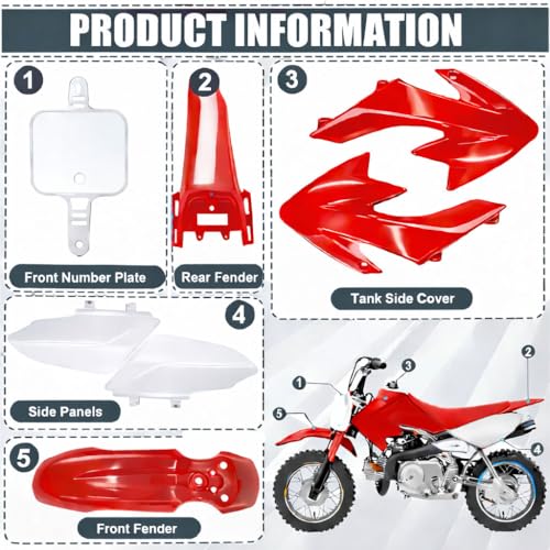 Image of Podoy CRF50 Body Fender Kit for Compatible with XR50 XR 50 CRF 50 SDG SSR Pit Dirt Motor Trail Bike Black with Bolt Work Fairing Plastic (Red)