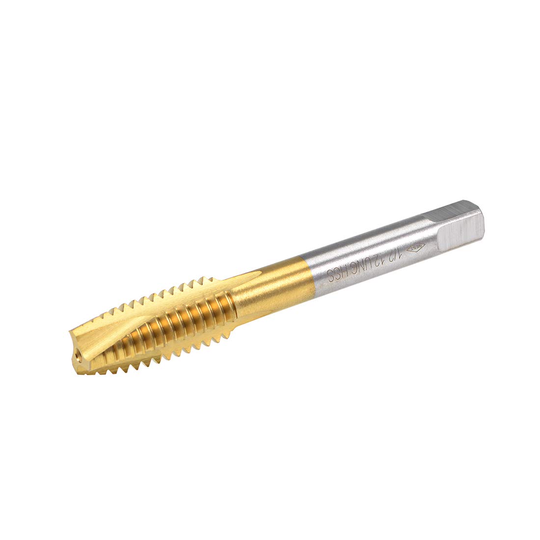 sourcing map Spiral Point Plug Threading Tap UNC 1/2-12 Thread, Ground Threads H2 3 Flutes, High Speed Steel HSS 6542, Titanium Coated, Round Shank with Square End