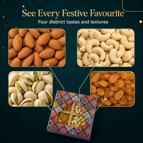 Image of Leeve Dry Fruits Diwali Gift Box with Almonds, Cashews, Salted Pistachios and Raisins, Festive Celebration Hamper for Family and Friends, 1kG