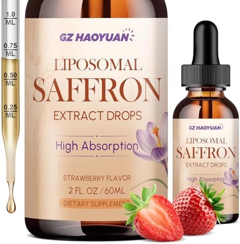 Liposomal Saffron Supplements, 89 mg Saffron Extract Liquid Drops with Ashwagandha, Turmeric, Vitamin A & D3 for Antioxidant, Immune, Mood, Energy, Focus & Sleep, Strawberry Flavor 2 Fl Oz