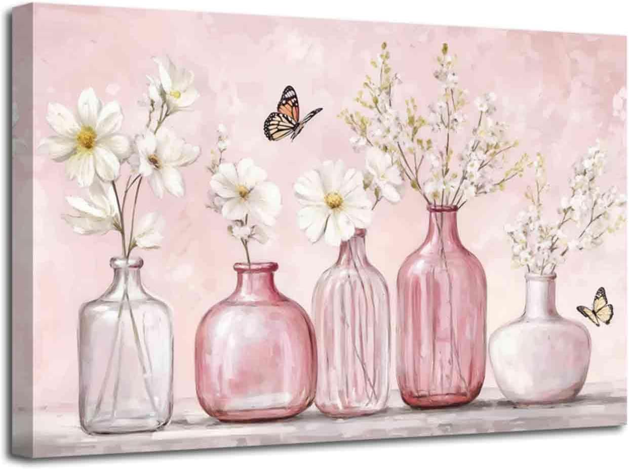 LZIMU Pink Bathroom Wall Art White Flower Wall Decor Floral Bouquet in Glass Vase Canvas Print Butterfly Picture Painting Botanical Poster Rustic Farmhouse Artwork (Pink, (12L x 18W))
