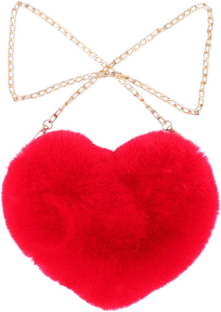TENDYCOCOWomen Fluffy Crossbody Chain Bag Plush Peach Heart Shape Shoulder Messenger Bag for Lady-Red