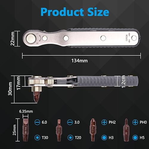 Miniatura 2 de OSDUE Juego de 5 piezas de llave de trinquete mini, transmisión de 14 pulgada, destornillador reversible de alto torque con offset, con puntas