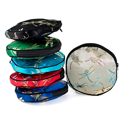 Value Arts 6 Piece Set Multi Color Silk Dragonfly Large Round Zippered Jewelry Pouch - Coin Purse #TOP1