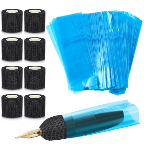 Fullhawl 500 Pcs Tattoo Pen Covers with 8 Pcs Grip Tapes Tattoo Machine Bags Large Pen Sleeves Machine Wrap Self-adherent Tape Plastic Covers