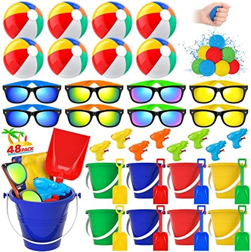Pool Party Favors Beach Party Favors - 48 PCS Pool Toys For Kids Ages 3 4 5 6 7 8 Beach Balls Bulk, Sand Bucket and Shovels Set, Kids Sunglasses Bulk, Beach Summer Toys, Pool Party Supplies Sand toys