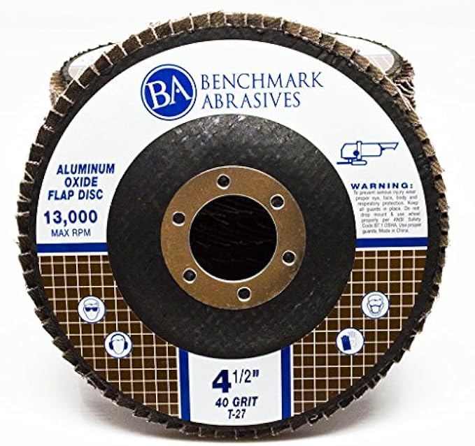 Benchmark Abrasives 4.5" x 7/8" Aluminum Oxide Flap Discs for Sanding, Grinding, Finishing, Stock Removal on Stainless Steel, Carbon Steel Alloys Metals (10 Pack) - 40 Grit