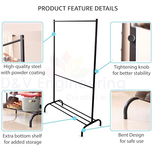 Image of D&V Engineering Heavy-Duty Metal Clothes Rack, Freestanding Garment Rack with Bottom Storage Shelf, Single Rail Clothing Organizer Stand for Bedroom, Entryway & Living Room, 41x94.5x161 cm