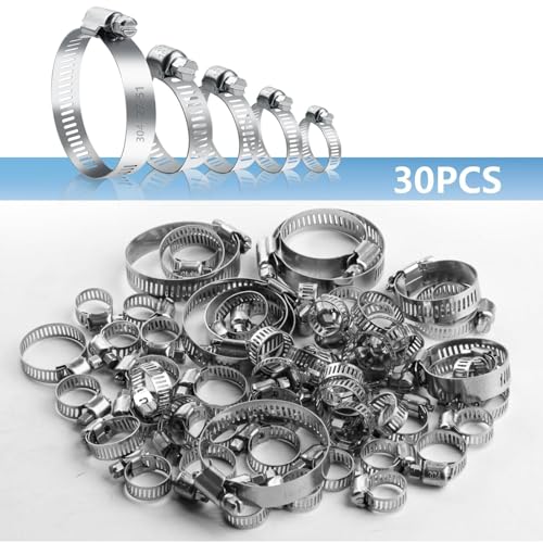 YelaJoy 30PCS Hose Clips Set, Adjustable 6-51mm Range Clamps 304 Stainless Steel, Screws Pipe Clamps Clips Assortment for Hose Pipe Tube, 6-12/10-16/13-19/14-27/27-51mm