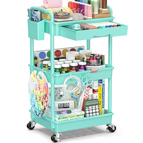3-Tier Rolling Cart with Drawer & Lockable Wheels, Bathroom Storage Organizer Multifunctional Rolling Storage Cart for Bathroom, Kitchen, Office, Craft, Makeup, Baby Essentials, Blue