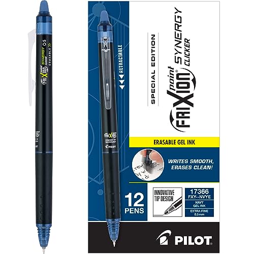 Pilot, FriXion Synergy Clicker Erasable, Refillable, Retractable Gel Ink Pens, Extra Fine Point 0.5 mm, Pack of 12, Navy Ink