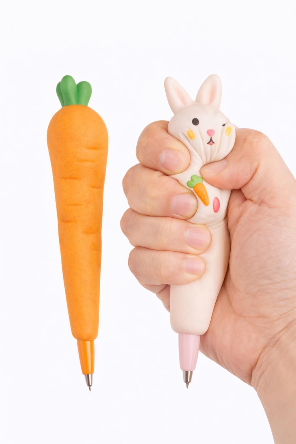 Aurus Squishy Pen Set (2 Pack) – Rabbit & Carrot Anti-Stress Fidget Pens for Focus, Relaxation & Desk Stress Relief (Work, School, Kids & Adults)