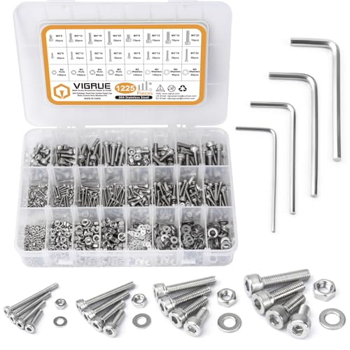 VIGRUE 1225Stück M2 M3 M4 M5 Schrauben Muttern Sortiment Set, Sechskopf-Knopf Zylinderschrauben mit Innensechskant Gewindeschrauben mit Muttern, Sechskantschrauben, Edelstahl Maschinenschrauben
