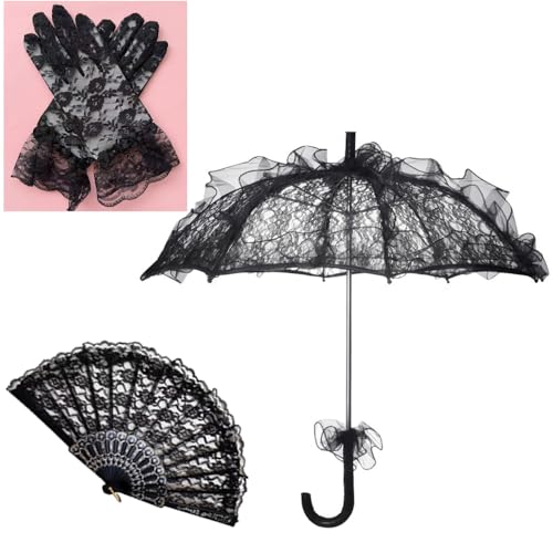 Sombrilla de encaje negro con abanico plegable para solucionar tu disfraz