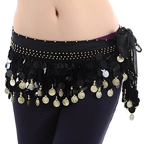 Women's Handmade Belly Dance Hip Scarf Lively Style Bead Coins Wrap Skirt Belt Black