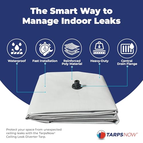 TarpsNow® Ceiling Leak Drainage Tarp - Waterproof Roof Leak Drainage with Deep Draining Flange & D-Rings - Heavy Duty Rain Drain Diverter - Water Catcher/Sealer - Reusable Leak Diverter - 20' x 20'