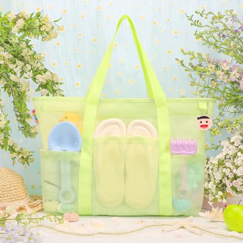 Tagitary Mesh Beach Bag with Zipper 3Pcs, Large Tote and Kids Beach Bags for Shell Collecting Beach Toys Storage Swim Pool Accessories Vacation Sports Camping Picnic Travel Bag3