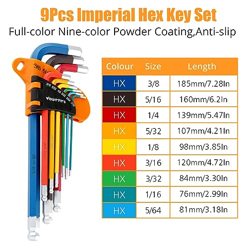 WrightFits Allen Key Set | 9 Pieces Anti-Slip Long Ball Imperial Hex ...