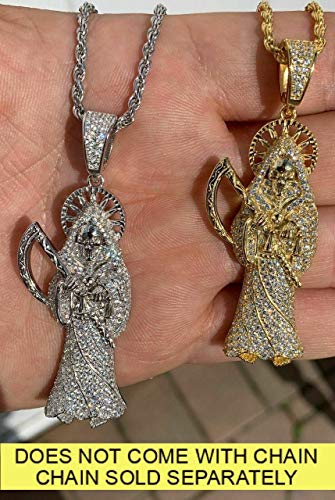 Solid 925 Sterling Silver - Large Men's Grim Reaper Death Pendant - Iced Santa Muerte Piece - Great Necklace3