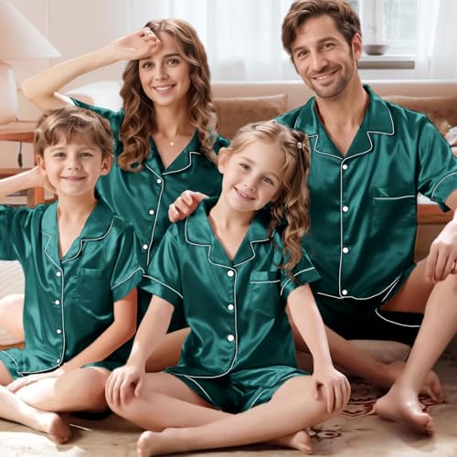 IFFEI Matching Family Silk Pajamas Set Satin Button Down Loungewear 2 Piece Top and Shorts Pjs for Couples with Pocket2