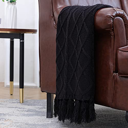 Solid Soft Cozy Cable Knitted Blanket Throw, Lightweight Decorative Textured Throw Blanket With Fringes For Couch Chairs Bed Sofa, Black, 50"X 60" #TOP3