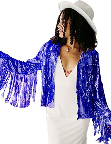 CXINS Women's Sequin Tassel Jacket Sparkle Retro Long Sleeve Reflective Fringe Jacket Sequin Coat