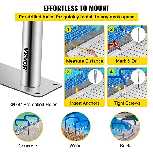 Image of VEVOR Pool Handrail, 32 x 22.5 Swimming Pool Stair Rail, 304 Stainless Steel Stair Pool Hand Rail Rated 375lbs Load Capacity, Pool Rail with Quick Mount Base Plate, and Complete Mounting Accessories