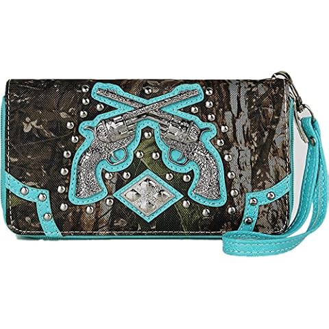 Cowgirl Trendy Camouflage Cross Pistol Embossed Revolver Gun Studded Clutch Conchos Women Double Zipper Wallet Western Wristlets Purse (Turquoise) Cover