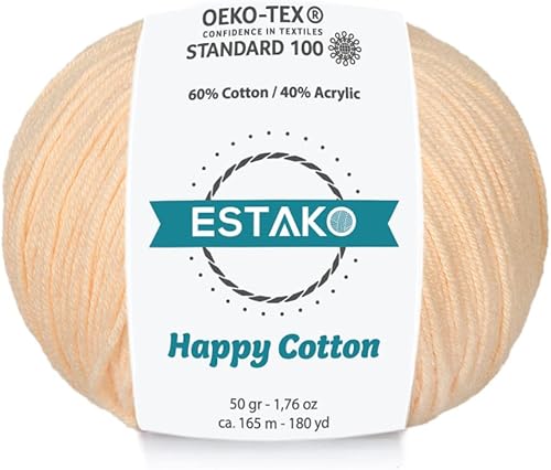 Estako Happy Cotton, 60% algodón 40% hilo acrílico, suave, finodeportivo (2) para ganchillo y tejer, 1.76 onzas (1.76 oz), 180 yardas (541.3 ft)
