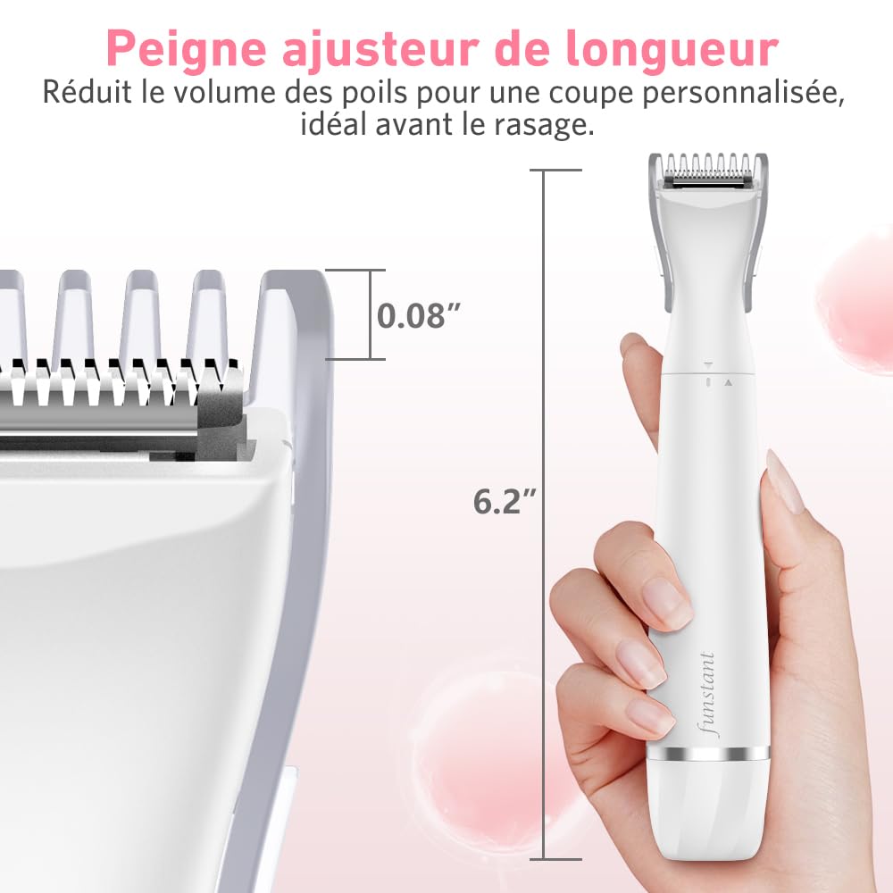 Tondeuse Intime Femme Rechargeable 2 en 1, Rasoir Bikini pour Maillot et Pubis, Tête de Précision et Grille de Finition, USB-C, Sans Fil, Utilisation à Sec, Soin Doux des Zones Sensibles