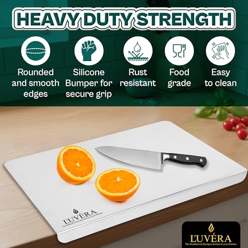 Image of L'UVERA 100% Stainless Steel Kitchen Chopping Board for Cutting Vegetables, Meat & Fruits | Rust-Proof, Odor-Free, Hygienic Food Prep | Durable, Knife-Friendly Surface | Large 36x31 CM