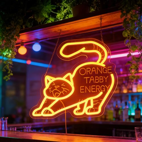 Image of inchOrange Tabby Energy inch Cat Neon Light - Playful & Vibrant LED Wall Art for Cat Lover's Home Office, Living Room, Kitchen & Cozy Nook Decor, Dimmable USB with Hanging Kit, Whimsical Feline-Themed Gift