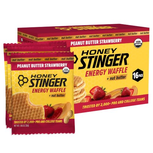 Image of Honey Stinger Organic Peanut Butter Strawberry Waffle, Energy Stroopwafel for Exercise, Endurance and Performance, Sports Nutrition for Home & Gym, Pre & During Workout, 16.96 Ounces (Pack of 16)