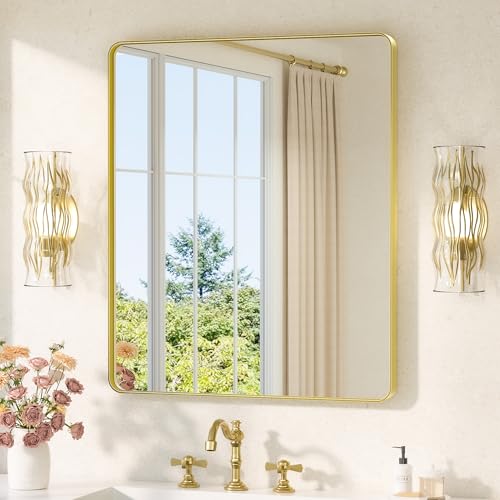 Image of TETOTE Gold Mirrors for Wall 30 x 36 Inch Brushed Gold Bathroom Mirrors, Tempered Glass, Modern Farmhouse Wall Mounted Mirror for Decorative(Horizontal /Vertical)