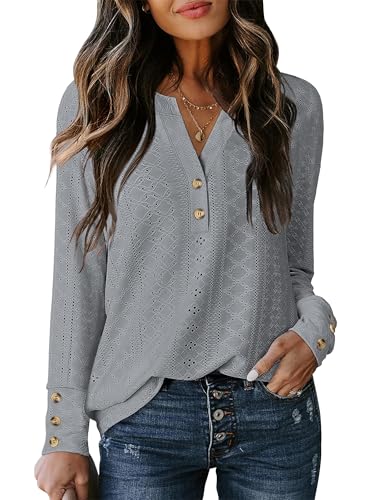 ANRABESS Womens Eyelet Tops Long Sleeve Henley Shirts Business Dressy Casual Blouse Vacation T-Shirt 2025 Fall Outfits