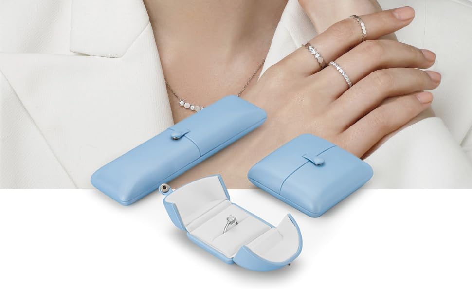 Vista 6 de Joyero de cuero PU pulserabrazalete caso terciopelo interior joyería caja de regalo pulserabrazalete estuche de almacenamiento (azul claro)