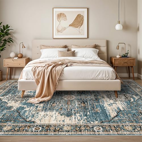 Washable 10x14 Area Rugs - Large Rugs for Living Room Stain Resistant Carpet Vintage Rugs for Bedroom with Non Slip Backing Home Decor Floor Decoration Mat 10x14 Blue