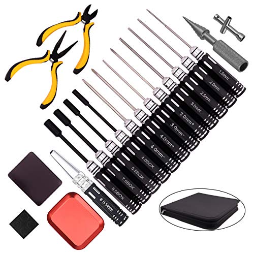 Treehobby 18 in1 Multifunction RC Car Tools Kits Box Set Screwdriver Flat/Phillips/Hex Screwdriver Set/Nut Socket Spanner/Body Reamer Repair for RC Car Quadcopter Drone Helicopter Airplane Boat