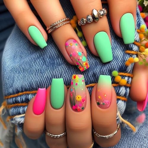 Colorful Square Press on Nails Long Length Fake Nails Spring Flower False Nails Cute Gloss Acrylic Nail Floral Designs Stick Reusable Glue for Women Girls Manicure Kit 24Pcs