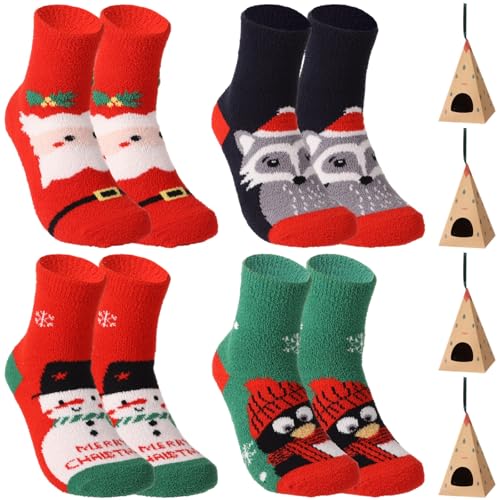 4Paar Damen Weihnachtssocken,Bunte Weihnachtsstrümpfe Flauschige Korallenvlies-Winterstrümpfe mit Geschenkboxen, Cartoon Xmas Gemütliche Warme Strümpfe Großartiges für Familie und Freun (4Paar)