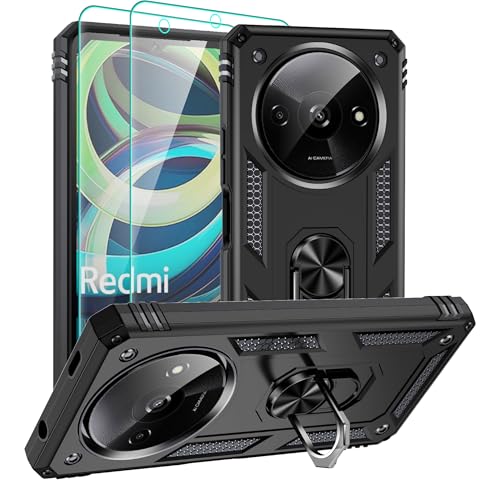 Pilaru Handyhülle für Xiaomi Redmi A3 4G Hülle : 14 Fuß Fallschutz nach Militärstandard Hülle mit Schutzfolie 360 Metall Ring Ständer Stoßfest/Kratzfest/Fallsicher Schutzhülle für Redmi A3-Schwarz