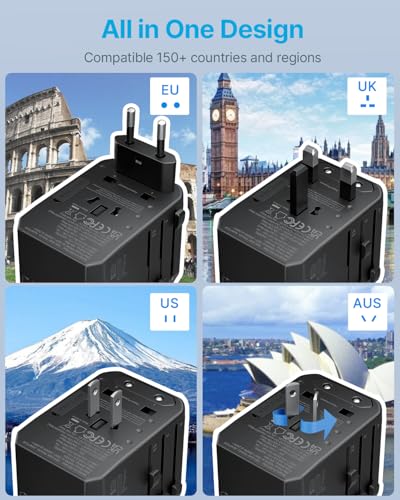 Image of Universal Travel Adapter, VINTAR 70W GaN International Power Adapter with 5 USB Ports (3 USB-C), All-in-one Travel Essentials Plug Adaptor, Travel Adapter Worldwide for UK /EU /USA /AUS, Black
