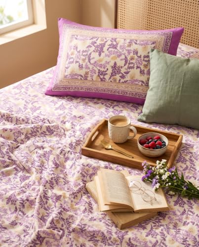 Image of Naksh Queen Size Bed Sheet Purple Floral Print 2 Pillow Covers | Purple Botanical Floral Print | Heritage Design for Queen Size Bedrooms