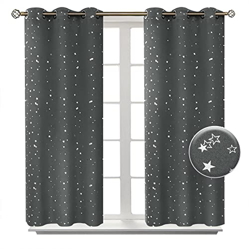 Image of BGment Kids Blackout Curtains for Bedroom - Grommet Thermal Insulated Silver Star Print Room Darkening Curtains for Living Room, Set of 2 Panels (38 x 45 Inch, Dark Grey)