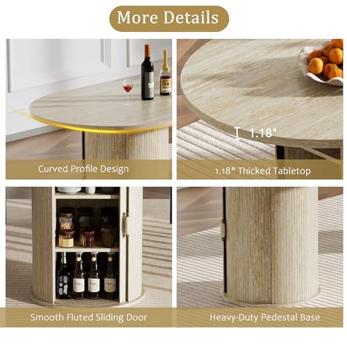 Image of 63 inch-94 inch Large Oval Extendable Dining Table for 6 8 10, Faux Travertine Expandable Kitchen Table with Fluted Cylindrical Storage Base, Modern Farmhouse Expanding Table for Dinner Party Family Gathering